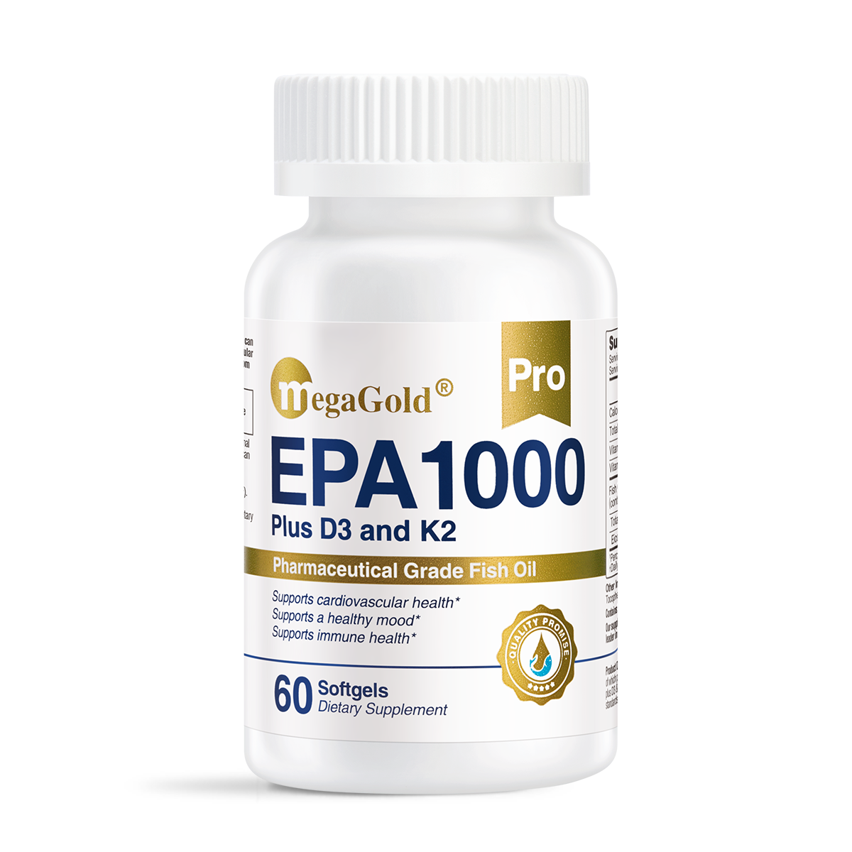 White bottle of MegaGold Pro EPA1000 Plus D3 and K2 Pharmaceutical Grade Fish Oil, 60 Softgels