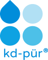 Blue water droplet logo with four circles and text "kd-pür®" below