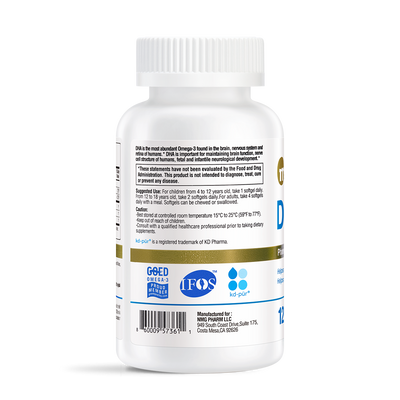 White bottle of DHA 1000 Mini 120 softgels by NMG Pharm, showing suggested use and caution labels, IFOS and GOED Omega-3 certified