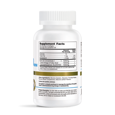 White bottle of DHA 1000 Mini fish oil supplement showing Supplement Facts label with 1000mg DHA per serving