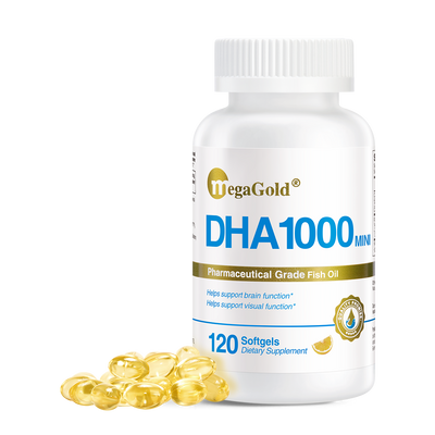MegaGold DHA1000 Mini white supplement bottle with 120 softgels, pharmaceutical grade fish oil, yellow capsules beside bottle