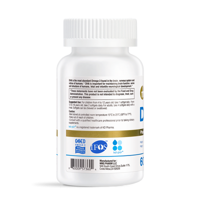 White bottle of DHA 1000 Mini Fish Oil supplement by NMG Pharm LLC, showing back label with dosage instructions and IFOS certification logo.