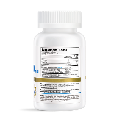 White bottle of DHA 1000 Mini fish oil supplement showing Supplement Facts label with 1000mg DHA per serving
