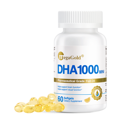 MegaGold DHA1000 Mini Pharmaceutical Grade Fish Oil, 60 softgels bottle with yellow capsules