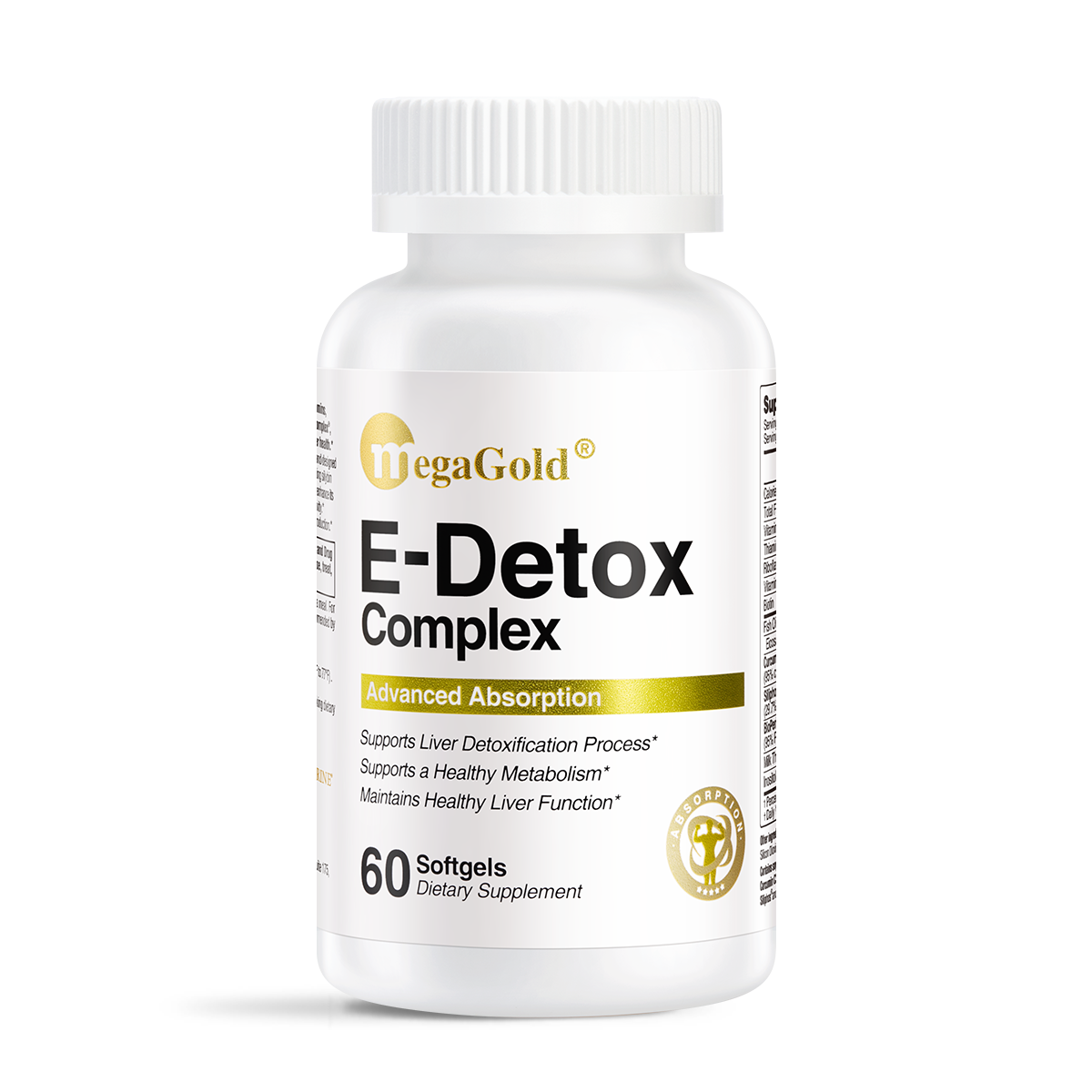 MegaGold E-Detox Complex, 60 softgels, white bottle with gold label, liver detox dietary supplement