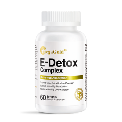 MegaGold E-Detox Complex, 60 softgels, white bottle with gold label, liver detox dietary supplement