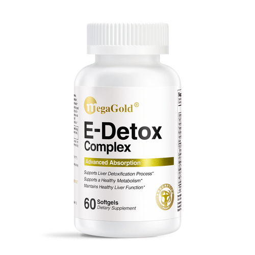 MegaGold E-Detox Complex, 60 softgels, white bottle with gold label, liver detox dietary supplement