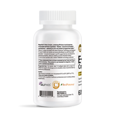White bottle of MegaGold E-Detox Complex supplement with Siliphos, Curcumin C3, BioPerine, 60 softgels