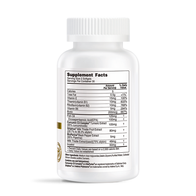 White supplement bottle showing E-Detox Complex Supplement Facts label with turmeric, milk thistle, fish oil, and B vitamins