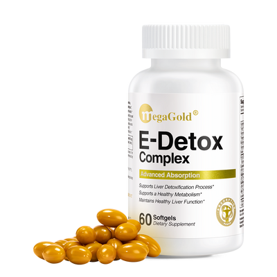 MegaGold E-Detox Complex white bottle with 60 golden softgels spilled in front