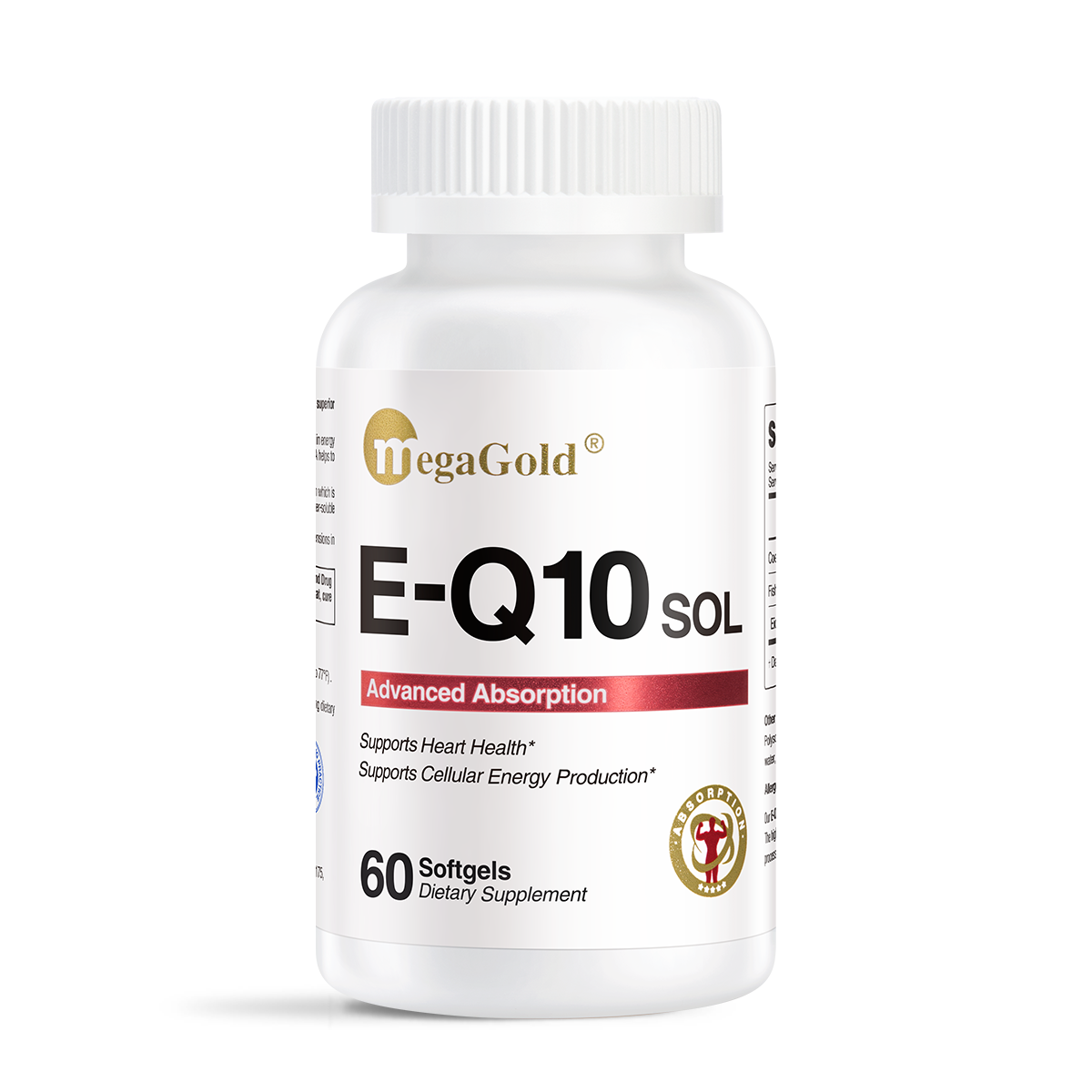 MegaGold E-Q10 SOL Advanced Absorption CoQ10, 60 softgels white bottle