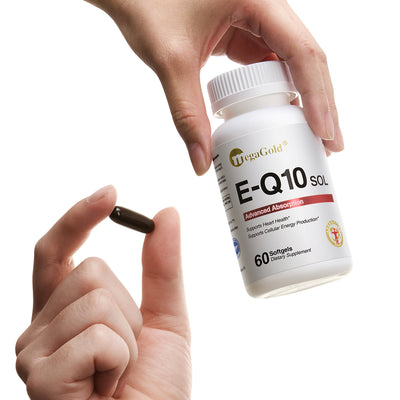MegaGold E-Q10 SOL Advanced Absorption CoQ10 60 softgels bottle held by hand, with dark capsule pinched between fingers