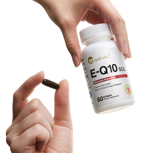 MegaGold E-Q10 SOL Advanced Absorption CoQ10 60 softgels bottle held by hand, with dark capsule pinched between fingers