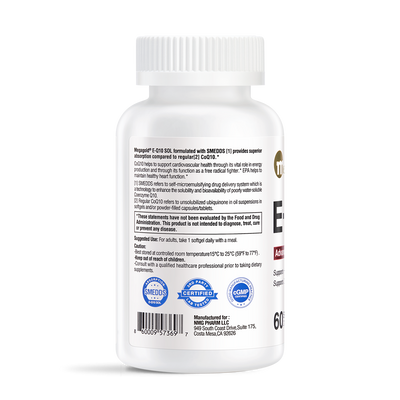 White bottle of Megagold E-Q10 SOL supplement with SMEDDS, 60 softgels, back label view