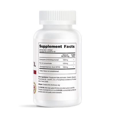 White supplement bottle showing E-Q10 SOL Supplement Facts: CoQ10 100mg, Fish Oil 125mg, EPA 100mg, 60 softgels
