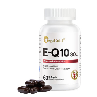 MegaGold E-Q10 SOL Advanced Absorption, 60 softgels white bottle with dark brown capsules