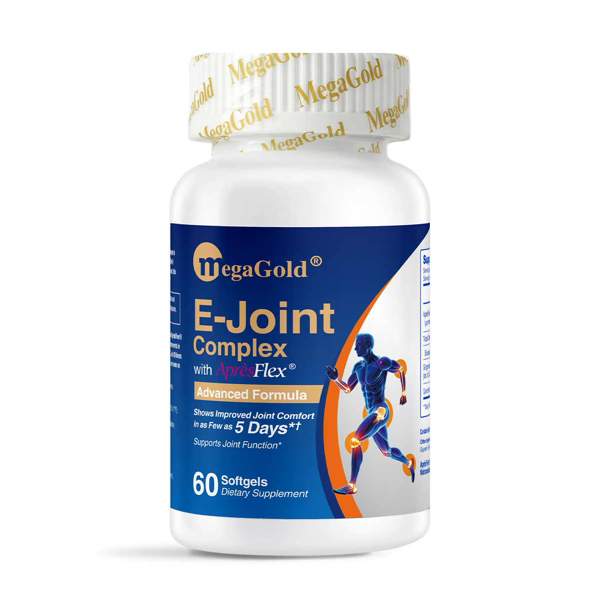 White bottle of MegaGold E-Joint Complex with AprèsFlex, 60 softgels, blue label, running figure graphic
