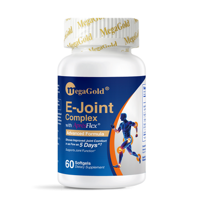 White bottle of MegaGold E-Joint Complex with AprèsFlex, 60 softgels, blue label, running figure graphic