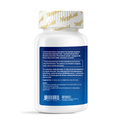 White MegaGold E-Joint Complex supplement bottle with blue back label showing ingredients and usage instructions.