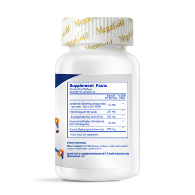 White MegaGold supplement bottle showing Supplement Facts label with Boswellia, Omega-3, EPA, Ginger, and Quercetin ingredients