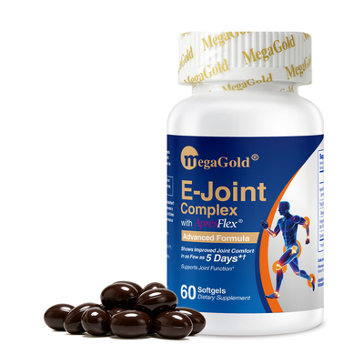MegaGold E-Joint Complex with AprèsFlex softgels bottle, blue label, 60 softgels, "5 Days" joint comfort claim, dark capsules displayed in front.