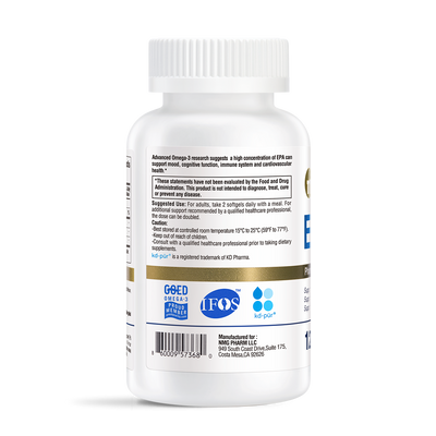 White supplement bottle side label: EPA 1000mg Omega-3 softgels, IFOS certified, 120 count, NMG Pharm LLC