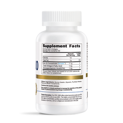 White bottle of EPA 1000 fish oil supplement showing Supplement Facts label with 1g EPA per serving