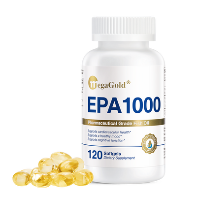 MegaGold EPA 1000 Pharmaceutical Grade Fish Oil, 120 softgels white bottle with yellow omega-3 capsules