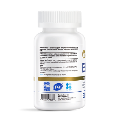 White bottle of EPA 1000 Fish Oil supplement, back label showing suggested use, GOED, IFOS, and kd-pür certifications, 60 softgels, by NMG Pharm LLC