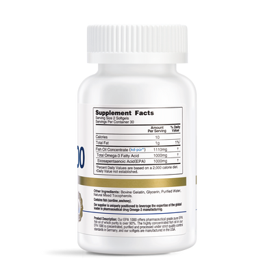White bottle of EPA 1000 Fish Oil supplement showing Supplement Facts label with 1000mg EPA per serving