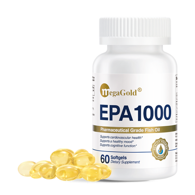 MegaGold EPA 1000 Pharmaceutical Grade Fish Oil, 60 softgels white bottle with yellow capsules