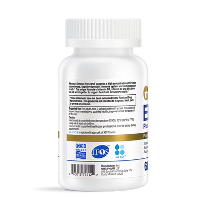 White supplement bottle side label showing EPA fish oil with IFOS, GOED Omega-3, and kd-pür certifications, manufactured by NMG Pharm LLC