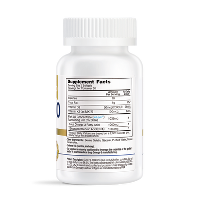 White supplement bottle showing Supplement Facts panel for EPA 1000 Pro Fish Oil with D3 & K2 softgels