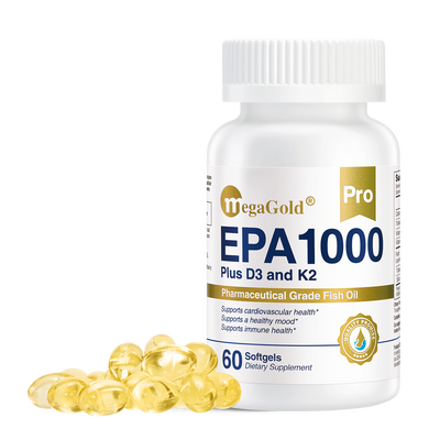 MegaGold Pro EPA1000 Plus D3 and K2 pharmaceutical grade fish oil, 60 softgels white bottle with yellow capsules