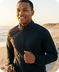 Man in black zip-up jacket jogging on a sunny beach, smiling
