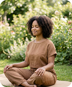 Woman meditating outdoors in lotus pose, wearing brown linen outfit, surrounded by lush green garden