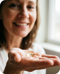 Smiling middle-aged woman holding gold capsule supplements in her open palm