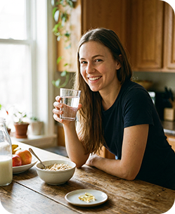 Woman smiling, holding water glass at wooden kitchen table with cereal bowl