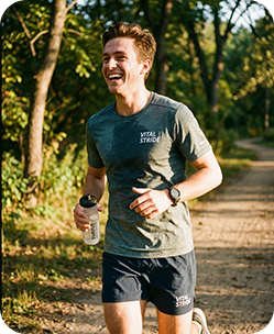 Smiling man jogging on forest trail wearing olive Vital Stride t-shirt, holding water bottle
