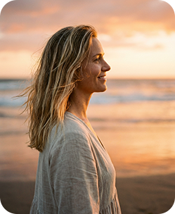 Woman with blonde hair smiling at golden sunset beach, side profile view