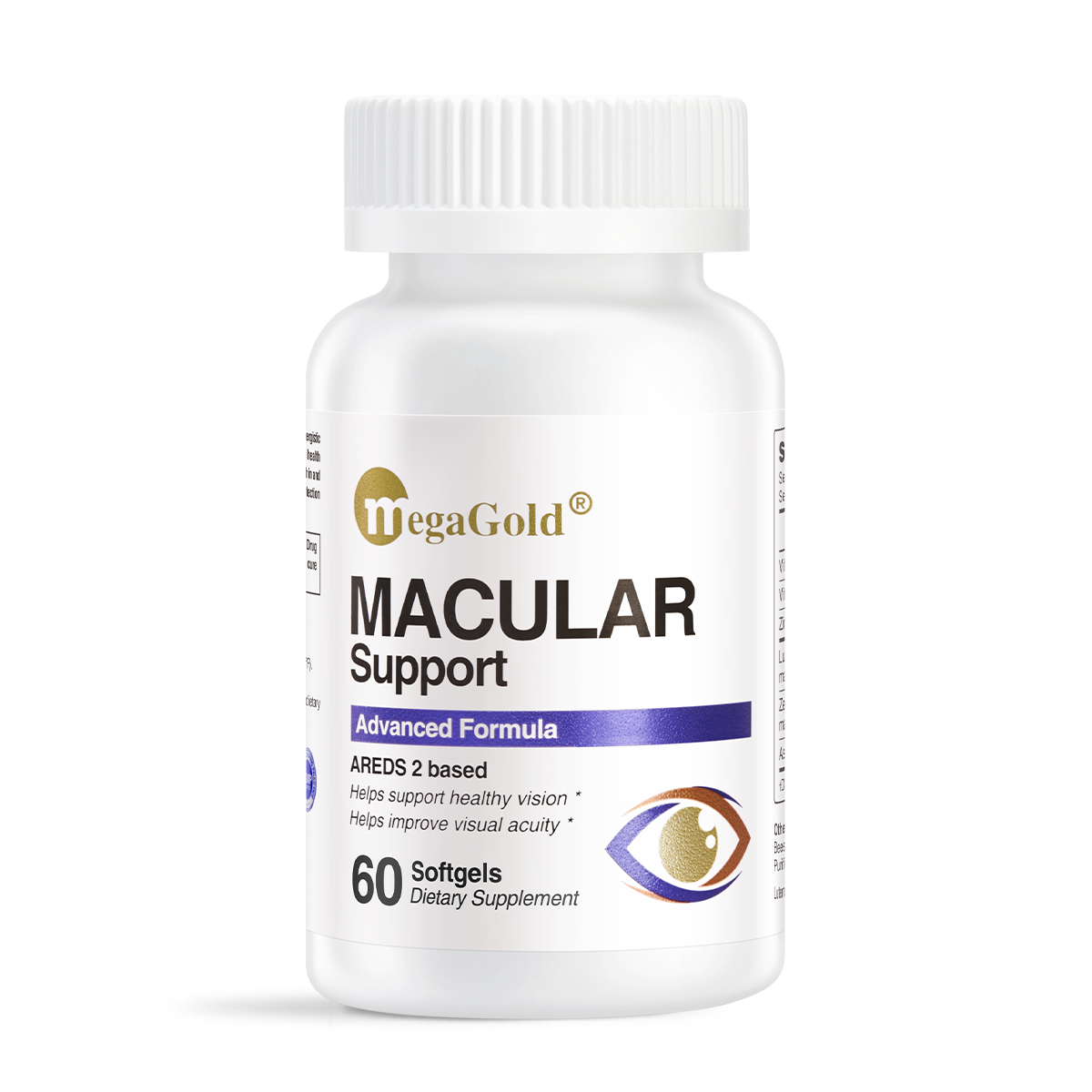 MegaGold Macular Support Advanced Formula AREDS 2 based, 60 softgels, white bottle with eye logo