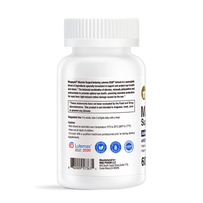White bottle of Megagold Macular Support with Lutemax 2020, 60 softgels, NMG Pharm LLC