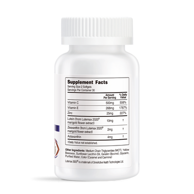 White supplement bottle showing Supplement Facts label with Vitamin C 500mg, Vitamin E 268mg, Zinc 25mg, Lutein, Zeaxanthin, and Astaxanthin per 2 softgel serving