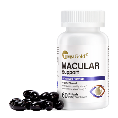 MegaGold Macular Support Advanced Formula, 60 softgels white bottle with dark gel capsules