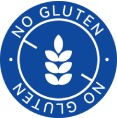 Blue circular badge with wheat icon and "NO GLUTEN" text repeated around border