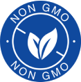 Blue circular NON GMO certification badge with white leaf icon and text "NON GMO" repeated twice