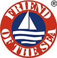 Friend of the Sea certification logo: red circular badge with blue sailboat and waves, white text