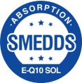 Blue circular badge reading "ABSORPTION · SMEDDS · E-Q10 SOL" with stars