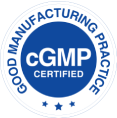 Blue circular badge reading "cGMP Certified" with "Good Manufacturing Practice" around the border and stars at the bottom.