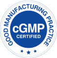 Blue circular badge reading "cGMP Certified – Good Manufacturing Practice" with stars